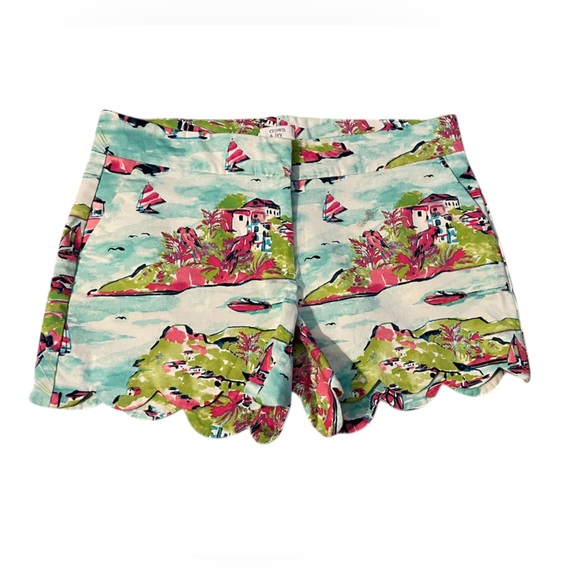 crown & ivy Pants - Crown & Ivy Watercolor Waterscape Scalloped Shorts Womens Size 8 Blue Coastal